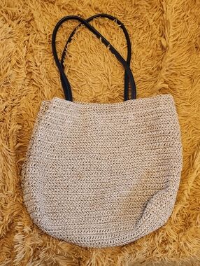Eddie Bauer Woven Straw Tote Bag with  Leather Straps - Natural